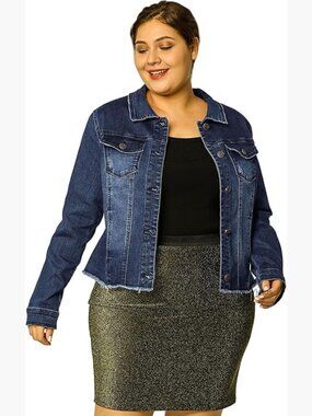 Plus Size Frayed Denim Jacket with Button Front and Chest Pockets